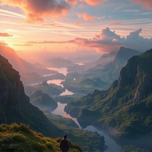 A beautiful landscape generated by artificial intelligence, showcasing lush valleys, floating islands, and a vibrant sky.