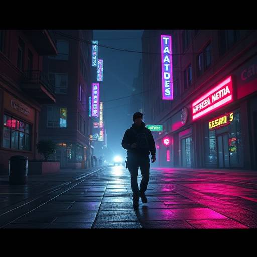 A screenshot from a cyberpunk game showing a character walking through a neon-lit city street.
