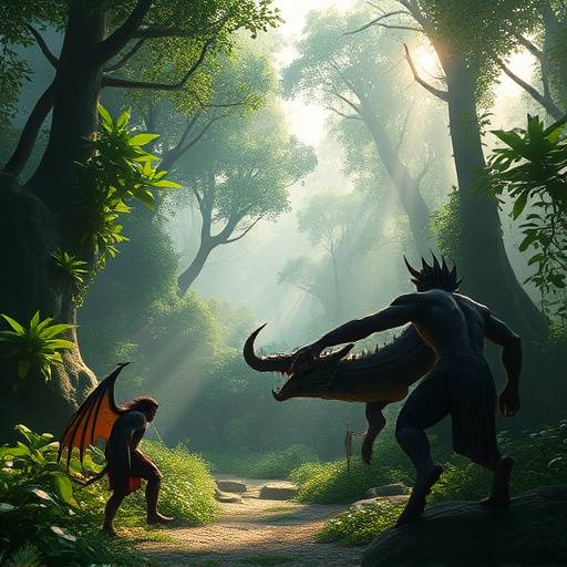 A screenshot from a fantasy game depicting a lush forest environment with a hero facing off against mythical creatures.