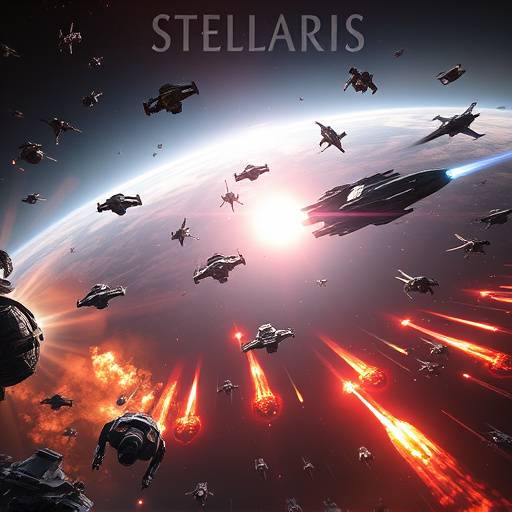 A screenshot of Stellaris showing multiple spaceships engaged in combat.