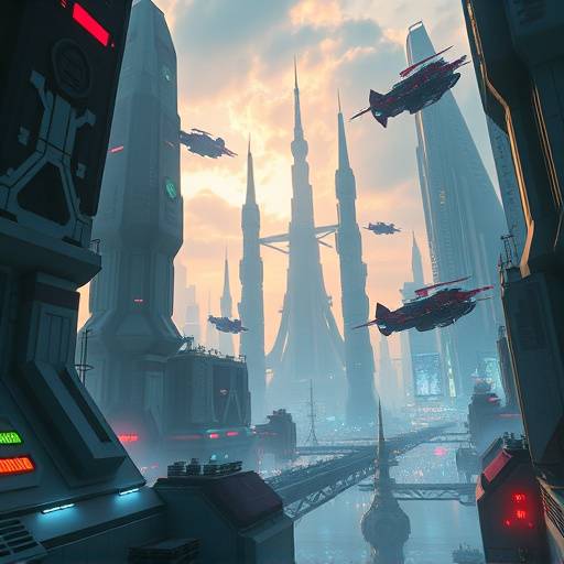 A sprawling AI-generated science fiction cityscape with towering structures, flying vehicles, and a futuristic atmosphere.